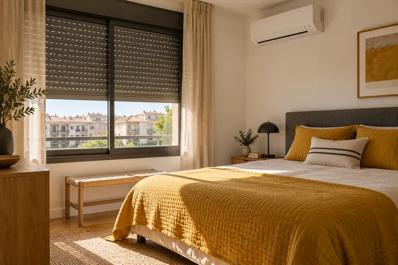 Dormitorio con aire acondicionado y persiana parcialmente bajada.