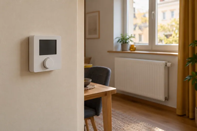 Termostato de pared junto a una estancia con radiador bajo la ventana.