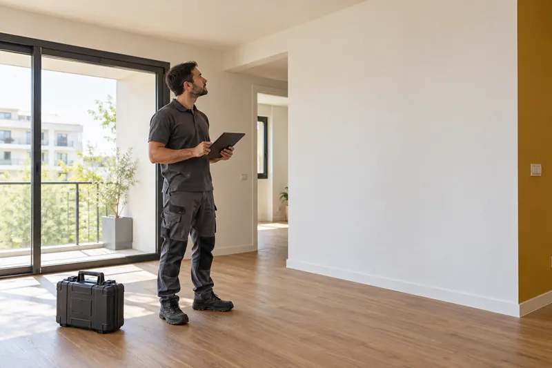 Técnico con una tableta examinando la ubicación de una instalación de aire.