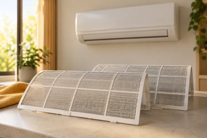 Filtros de malla extraídos de un aire acondicionado sobre una superficie seca.