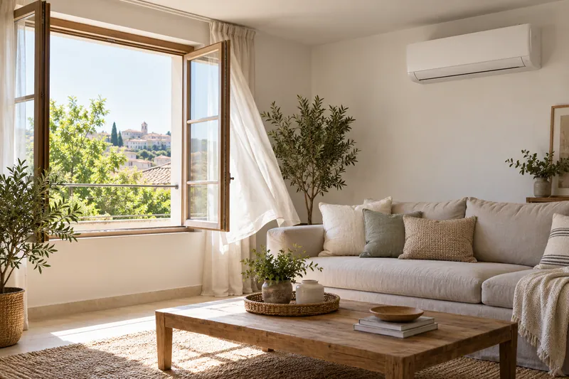 Ventana abierta en un salón con el aire acondicionado apagado.