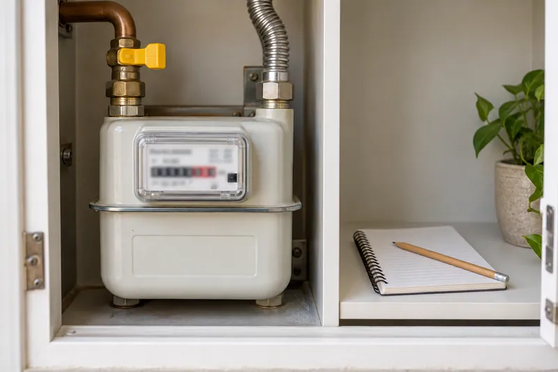 Contador de gas cerrado y libreta para anotar lecturas.
