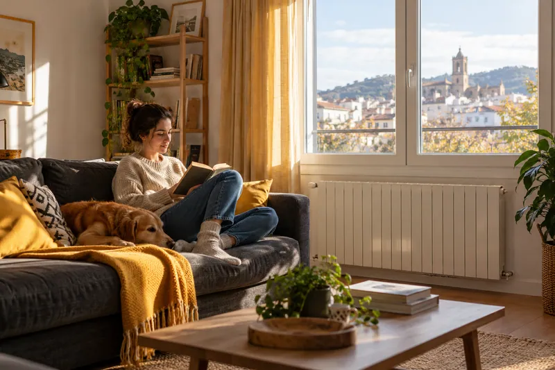 Salón con ventana cerrada, radiador despejado y una persona en el sofá.
